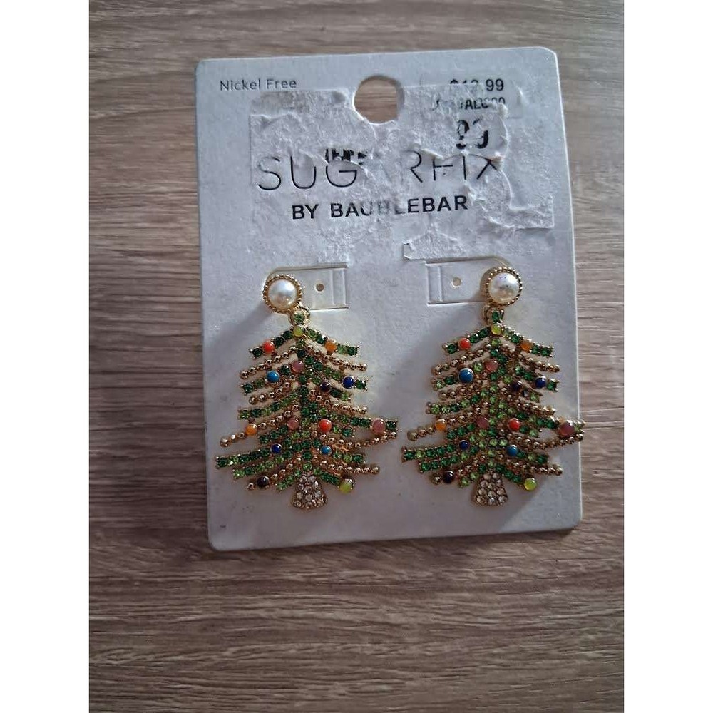 Sugarfix by BaubleBar Christmas Tree Drop Earrings Gold Green Rhinestone Pearl